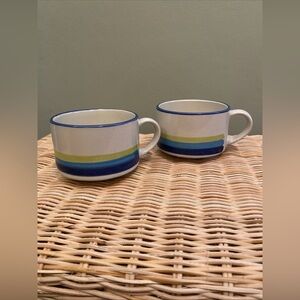 2 Vintage JP CasualStone Mugs 70's 303 Stoneware Blue Green Stripe EUC